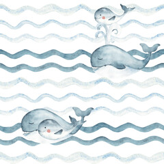 Watercolor blue Whales seamless pattern, adult and child swimming in Ocean waves. Hand drawn illustration for kids wallpaper, textile and packaging prints.