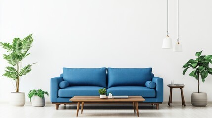 Modern living room with blue sofa
