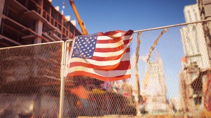 The american flag hangs on a construction site fence for labor day. labor day banners. Ultra realistic. Photorealistic