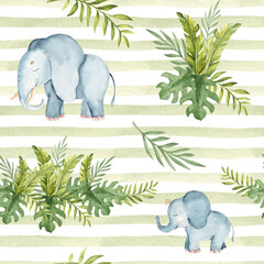Cute elephant baby and adult Watercolor seamless pattern with Tropical leaves on green striped background. Safari Animals hand drawn illustrations for kid textile prints, wallpaper and packaging paper