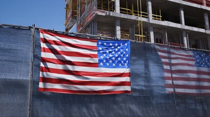 The american flag hangs on a construction site fence for labor day. labor day banners. Ultra realistic. Photorealistic