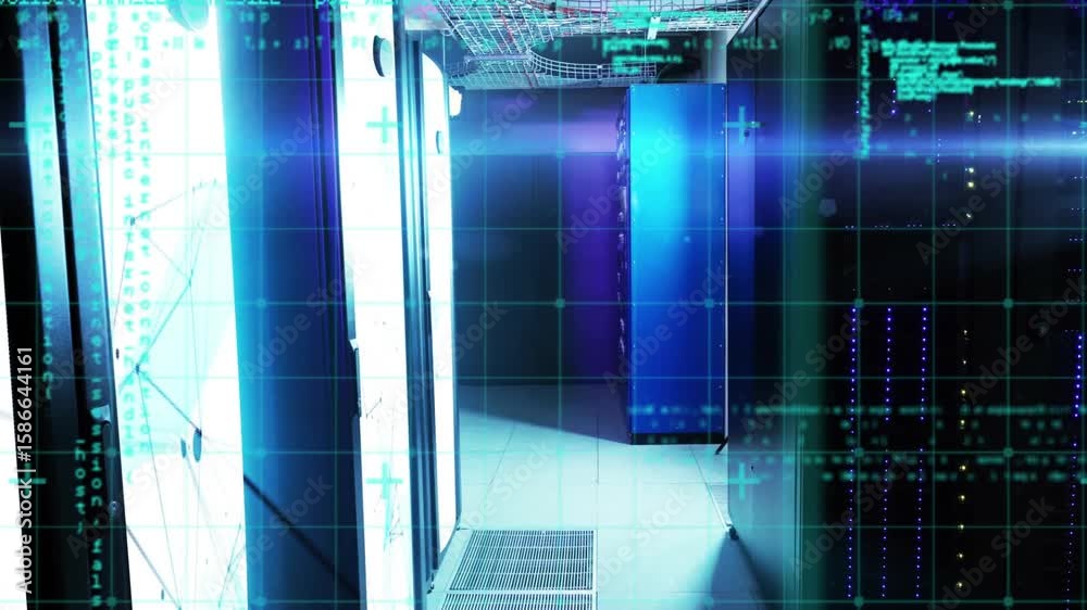 Poster light streaming from panel initiating grid, code streams rising and beam sweeping across corridor