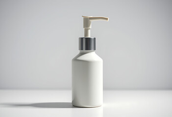 A white pump bottle with a silver collar on a white surface