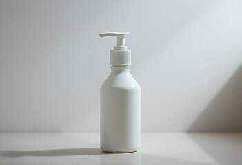 A white plastic pump bottle on a white surface with soft lighting