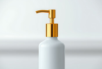 Fototapeta premium A white bottle with a gold pump against a blurred background