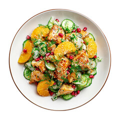 Round plate with green spring salad and oranges in it, top view, food clipart