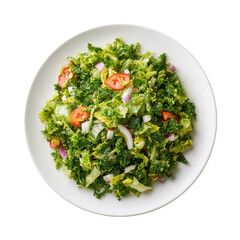Round plate with green salad in it, top view, food clipart