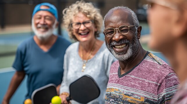 Diverse senior friends joyfully laughing after playing pickleball together, enjoying active retirement and friendship on a sunny day.