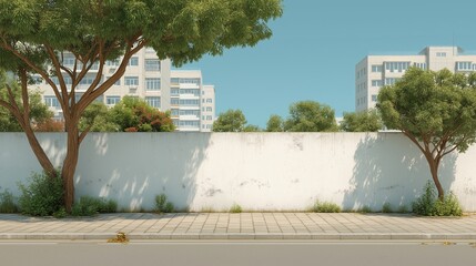 Urban street scene with a clean white concrete wall, tall trees casting shadows, and modern apartment buildings in the background on a sunny day