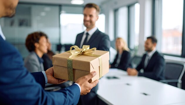 Business colleagues exchanging a gift