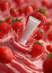 White cosmetic tube with strawberries and pink splash swirl on red background, vibrant and dynamic product concept