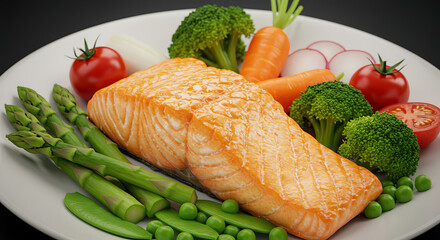 Delicious grilled salmon with vegetables on plate.