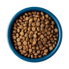 Cat and dog dry food in a blue bowl top view isolated on a transparent background, clipart sticker