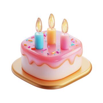 3d icon of a birthday cake with three candles in it, third birthday cake clipart