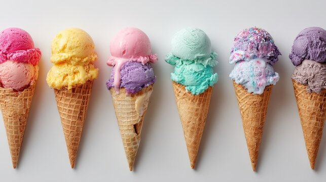 Six cones filled with vibrant ice cream scoops of different flavors sit neatly in a row, presenting a tempting array of colors perfect for a warm day. Each cone offers a unique sweet experience