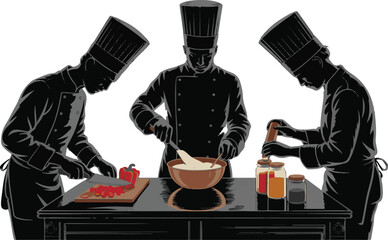 Silhouette illustration of chefs cooking various dishes in professional kitchen setting