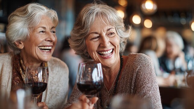 Two elegant senior women sharing laughter and red wine at a cozy restaurant, enjoying life's simple pleasures together.