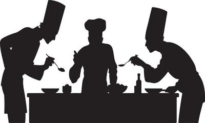 Three chefs taste testing food at a table in silhouette kitchen restaurant scene