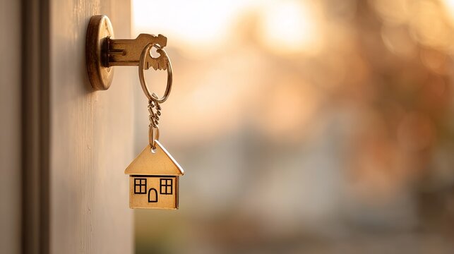 Golden key with house keychain opening new door representing home ownership, investment, and financial success in warm light.