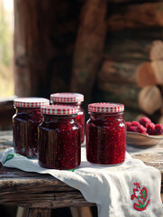 Four jars of raspberry jam on rustic wooden table