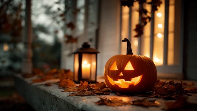 Glowing jack-o'-lantern and rustic lantern on a windowsill with autumn leaves.
