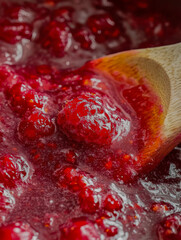 Cooking raspberry jam with wooden spoon