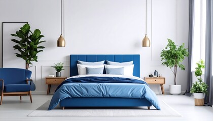 Modern bedroom interior with blue accents