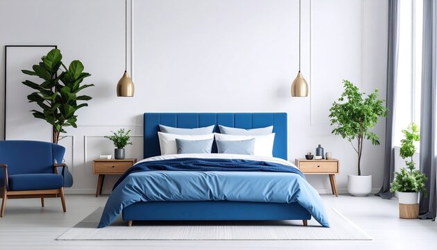 Modern bedroom interior with blue accents