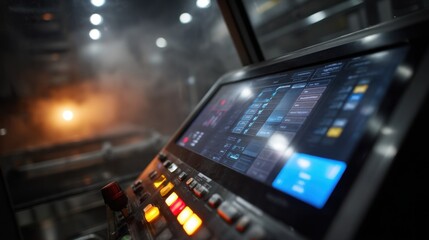Futuristic control panel of laser sintering machine showing realtime parameters, highlighting advanced digital interface in additive manufacturing technology