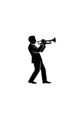 Silhouette of a Man Playing Trumpet in Performance Pose Isolated on White for Music, Jazz, and Orchestral Performance Concepts