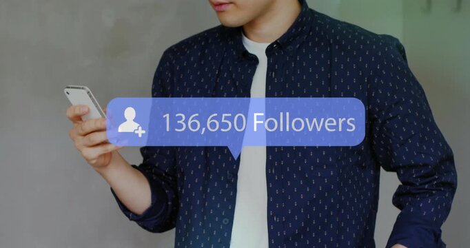 Architect holding blueprints glancing at phone with follower bubble tracking growth for marketing