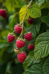 Ripe raspberries on bush with green leaves, close-up in natural daylight