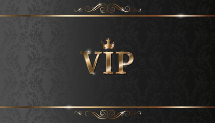 Gold VIP card label on chic black background with golden crown. Abstract design of members. Vector illustration