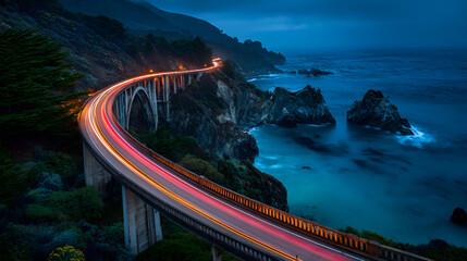 Bixby creek bridge at night with light trails, big sur, california