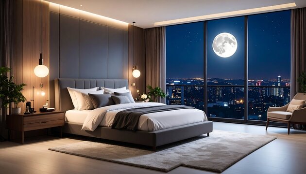 Fototapeta Modern bedroom with city view at night (2)