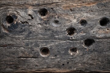 Aged wooden plank, holes, weathered texture. Background  Forest. Use Design