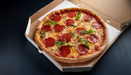 an appetizing pizza with pepperoni and herbs displayed in a classic pizza box perfect for takeaway or delivery enjoy a slice of delicious flavor