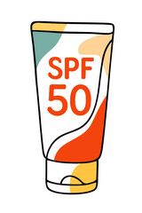 Sunscreen colorful tube with SPF 50 text, vector line art illustration. Vacations and traveling, skin protection concept. Heat season