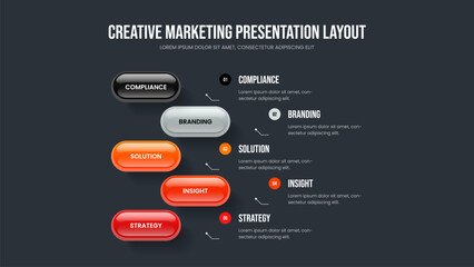 Project Overview Five Element Infographic Slideshow Design. Consulting Solution 5 Option Diagram Slide Template. Modern Review Presentation Layout Vector Illustration.