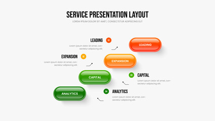 Sales Profile 4 Element Infographic Presentation Design. Service Portfolio Four Option Diagram Slideshow Template. Project Forecast Slide Layout Vector Illustration.