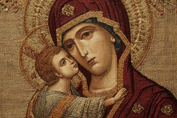 Obraz premium Holy Mother image: Christ child nearness, Madonna devotion, Our Lady shelter, Blessed Virgin smile, Celestial Lady kindness, Grace gentleness, Sacred Virgin dignity, Pure One spirit, Queen affection