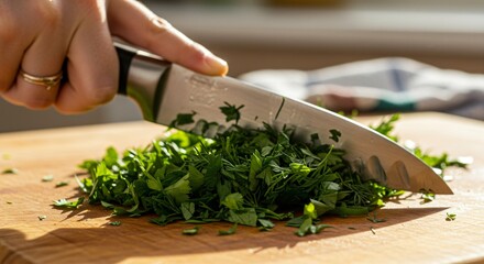 Fresh herbs finely chopped with professional knife on wooden cutting board during food preparation.