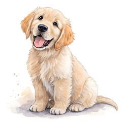 Obraz premium A hand-drawn watercolor baby Labrador with golden fur, floppy ears, and big friendly eyes. Calmly seated with a gentle smile on a white background. Sweet and perfect for children’s decor.