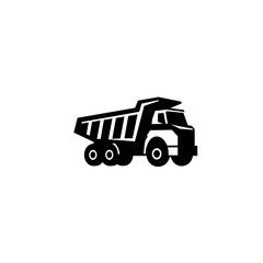 Dump truck black vector icon illustration. Construction site unloading, transporting cargo and materials concept