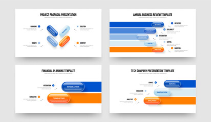 Digital Strategy 4 5 2 3 Element Infographic Slideshow Layout Collection. Company Proposal Four Five Two Three Step Diagram Presentation Template Vector Illustration Set.