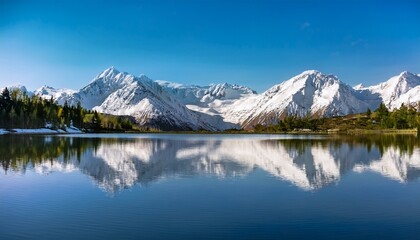snow covered mountain range reflected in calm lake under clear blue sky