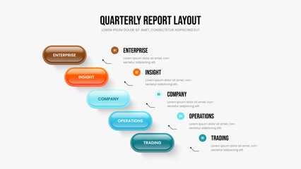 Creative Strategy Slideshow Design Vector Illustration. Enterprise Introduction 5 Step Diagram Frame Layout. Digital Performance Five Option Infographic Slide Template.