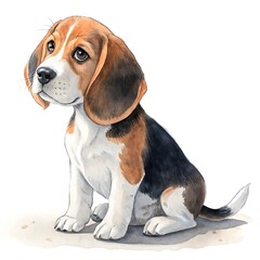 A hand-painted watercolor baby Beagle with tricolor fur, floppy ears, and a curious gaze. Calmly seated on white with soft shadow. Gentle and adorable — perfect for nursery or kids’ decor.