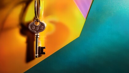 golden key hangs on colorful background with contrast lighting