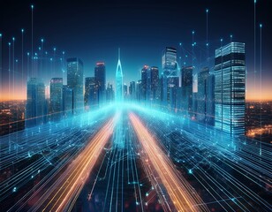 smart city skyscrapers digital data stream network concept